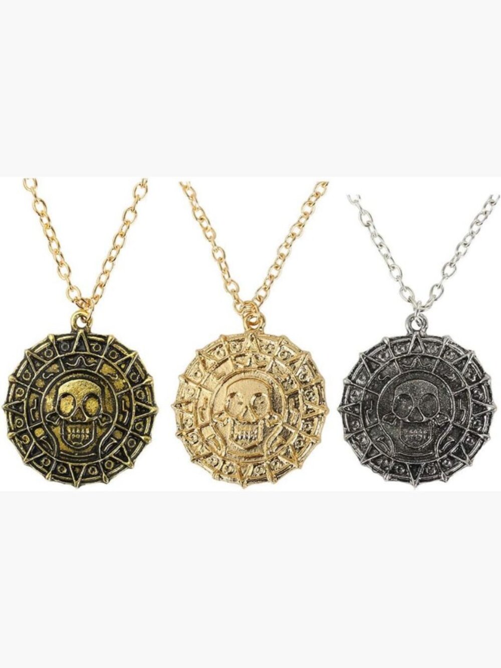 3 Pack Aztec Skull Coin Medallion Necklace Set Punk Chain